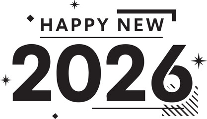 Happy New Year 2026, Black and White Modern Celebration Illustration with Stars, Dots, and Bold Typography
