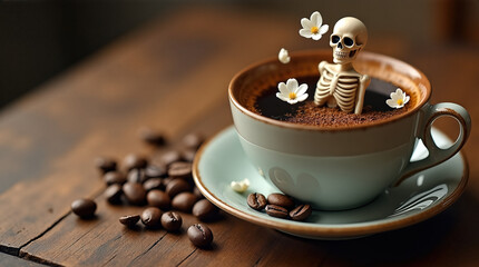 Creative Halloween decoration featuring skeleton in espresso cup surrounded by coffee beans and flower petals. Halloween setup embodies playful and spooky vibes perfect for themed gatherings.