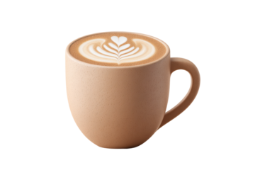 Latte art in ceramic mug with heart pattern on frothy coffee surface, cut out
