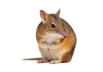 A  brown marsupial, scientifically known as a  common  shrew-like animal, is prominently displayed against a pure black background.