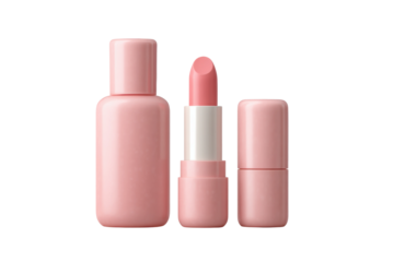 Pink makeup set with lipstick and bottle on white background, cut out