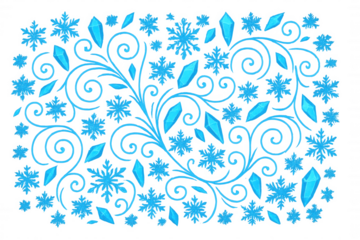 Ice crystal and snowflake patterns forming winter floral scrollwork decoration with transparent background