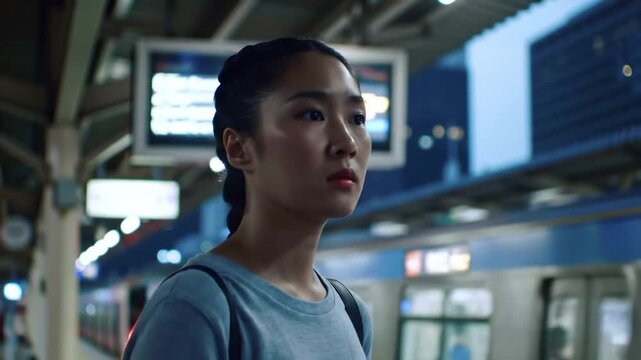 Woman at a train station, thoughtful expression