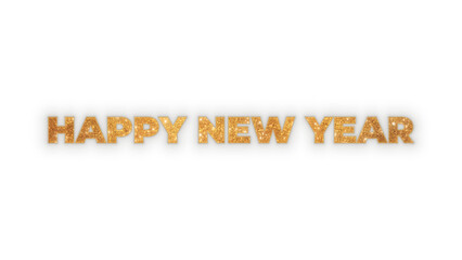 Happy New Year text with golden glitter texture and shine effect. Sparkling typography for celebrations, holidays, and events. Isolated element on a transparent background for easy use.