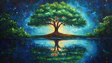 vAn oil painting of a stunning tree of life with vibrant colors, standing tall and majestic in the center, 