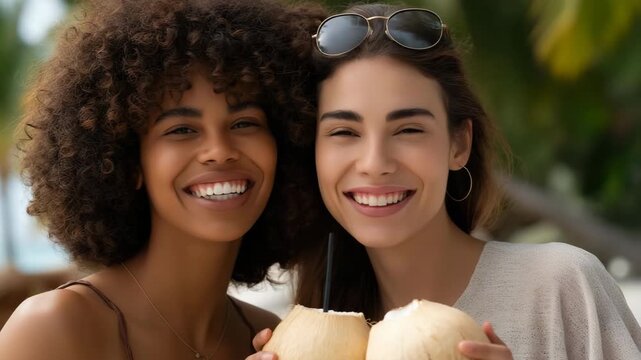 Smiling young women enjoying coconuts on tropical beach