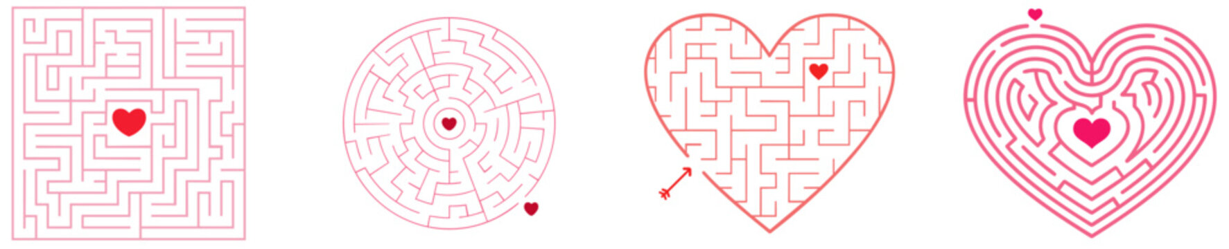 Set of Valentine maze puzzles with hearts &mdash; square labyrinth, round maze, arrow heart puzzle