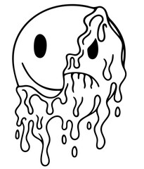 Melting smiley face dripping down, psychedelic acid emoji symbol of rave