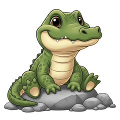 Fototapeta premium Cute cartoon baby alligator sitting on rocks isolated on transparent background