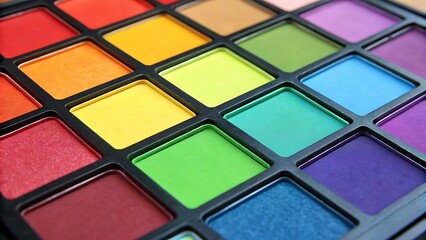 Naklejka premium Colorful Palette with Assorted Cosmetics Offering a Wide Spectrum of Vibrant Pigments and Beauty Accessories.