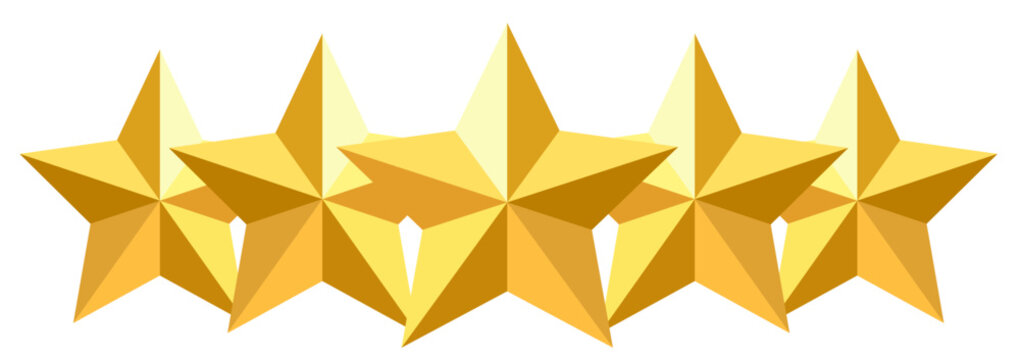 Golden five star rating, shiny 5 stars as a symbol of best quality, review and ranking for product or service
