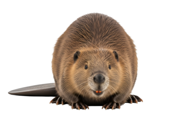 A close-up, full-body shot of a beaver, with a neutral expression and a rich brown coat, set against a black background.