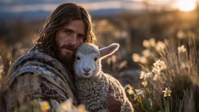 A heartwarming scene of Jesus embracing a lamb at sunset, with Easter lilies and crosses symbolizing renewal and love.