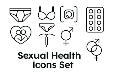 Outline vector icons of sexual health: underwear, contraceptives, symbols  