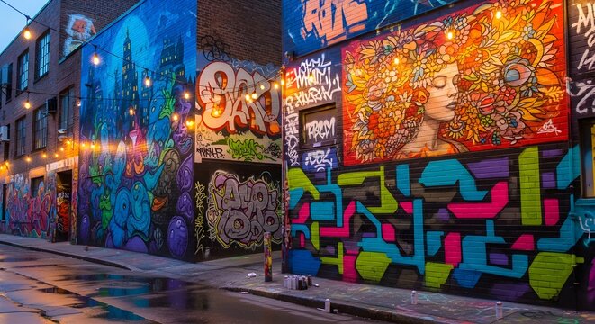 A vibrant urban alleyway adorned with colorful graffiti murals, bold street art, and glowing string lights, showcasing creative expression, community culture, and the dynamic energy of city life at du - Powered by Adobe