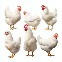 Fototapeta premium Five White Chickens Isolated on White Background , PNG isolated cut out image