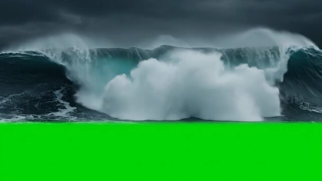 Giant Tsunami Wave Crashing Green Screen - A massive tsunami wave crashes dramatically against a green screen background. The wave is powerful and realistic, ideal for compositing into various scenes.