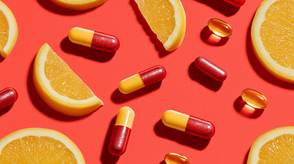 Slices of yellow lemon and yellow-red vitamin capsules arranged on red surface. Represents boosting...