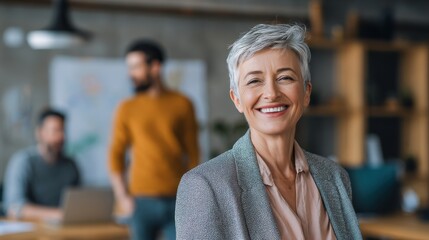 happy mature middle 60s aged smiling lady boss manager teacher talking to assistant or student meeting in office space company team working together with the laptops and assistant writing notes no lo