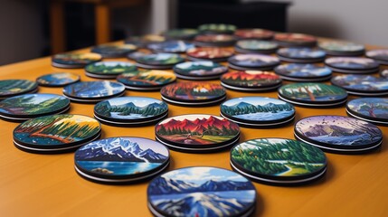 Colorful landscape coasters arranged on a table