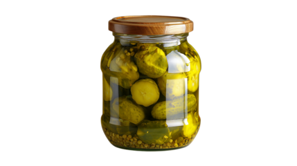 A jar of pickles sits on a white background