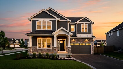 Elegant twostory house with dark siding at sunset