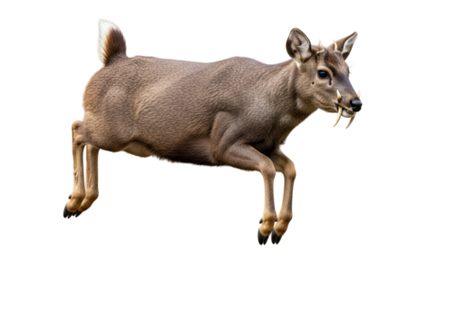 A leaping deer with unusual canine teeth stands out against a stark black background.