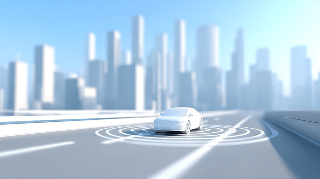 Self-driving car on a futuristic highway with city skyline in the background