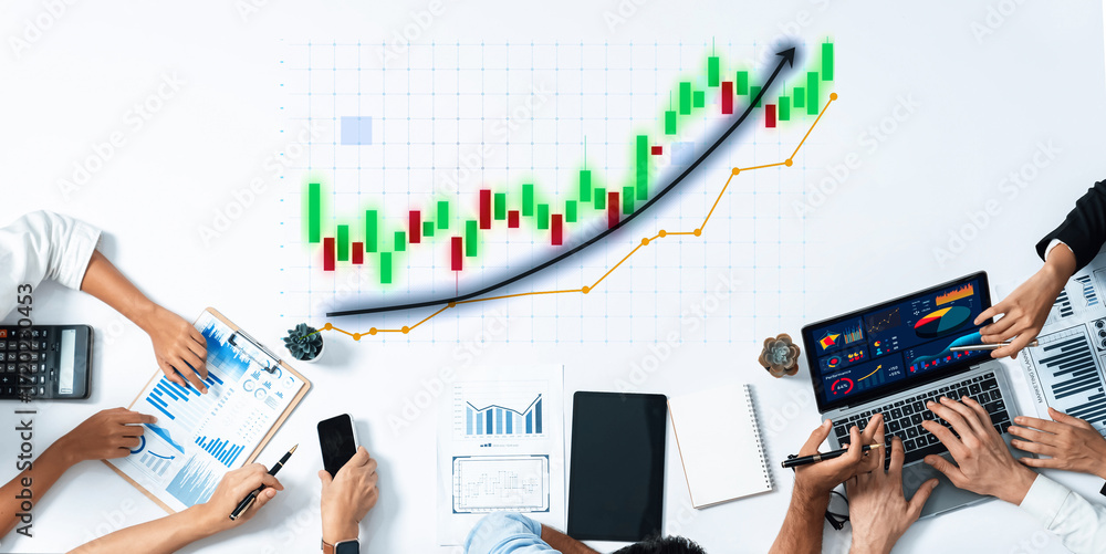 Poster a diverse group of professionals engages in financial analysis, utilizing charts and graphs to evalu