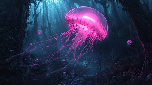 7. A glowing, translucent jellyfish-like creature floats silently through a pitch-dark alien fores