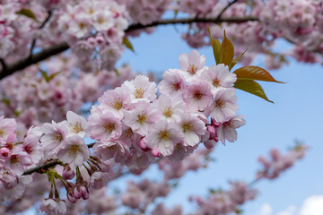 Close up of delicate pink cherry blossoms on a branch against a blue sky pink flowers spring