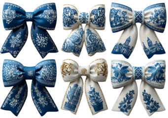 Blue and white Bavarian ribbons and bows in festive shapes isolated on transparent background; Oktoberfest clipart set perfect for celebration design, borders, or decor elements