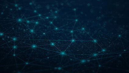 Deep Blue Abstract Network of Glowing Cyan Dots Connected by Thin Lines with a Shallow Depth of Field
