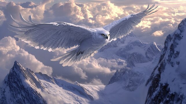 10. A silver falcon with gleaming eyes swoops through the clouds high above snowcapped mountains. 