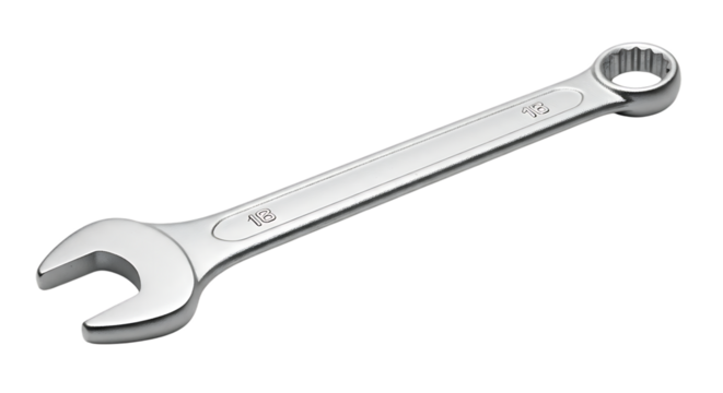 Spanner wrench tool chrome metal workshop equipment repair mechanic fix automotive garage tool handiwork transparent background