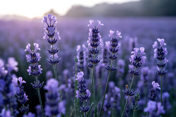 Obraz premium Close up of purple lavender flowers in a field at sunrise nature