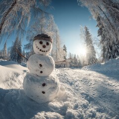 Obraz premium panoramic view of happy snowman in winter secenery with copy space 