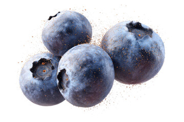 Fresh blueberries with splatter on black background, cut out