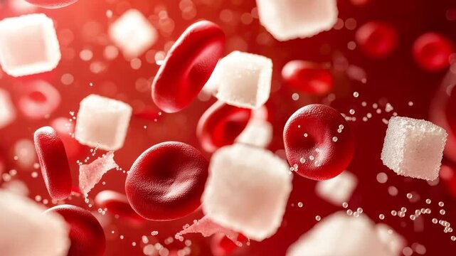 Red blood cells and sugar cubes flowing. Diabetes, metabolic disorder, hyperglycemia concept