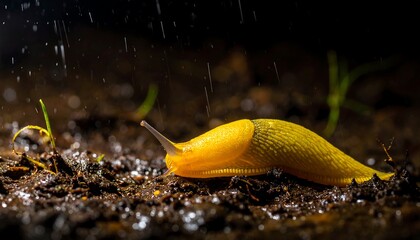 A bright yellow slug on dark soil, rain falling