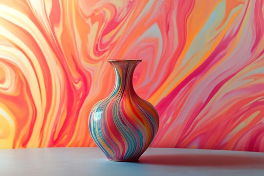 A vibrant, freeform vase resting on a clean table, surrounded by flowing  that captures the essence of artistic freedom with graceful, colorful designs.