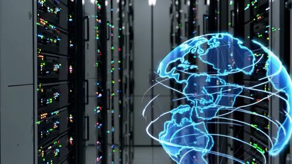 The digital globe is central in a server room, with the digital globe casting light on data racks. The digital globe symbolizes connectivity among server networks. - Powered by Adobe