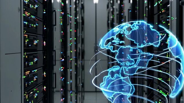 The digital globe is central in a server room, with the digital globe casting light on data racks. The digital globe symbolizes connectivity among server networks. - Powered by Adobe