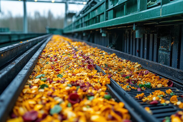 Train track covered in leaves and flowers.