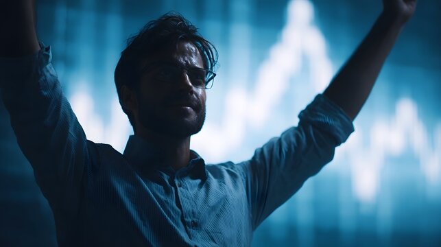 A man with arms raised in triumph looks up against a blurred blue financial graph background symbolizing success and achievement