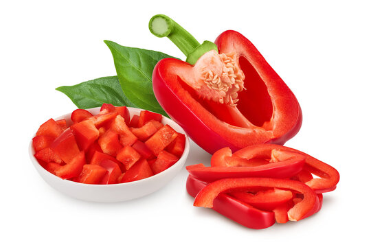 slices of red sweet bell pepper in ceramic bowl isolated on white background with full depth of field - Powered by Adobe