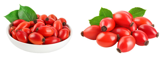 Rose hip in ceramic bowl isolated on a white background with full depth of field. Top view. Flat lay.