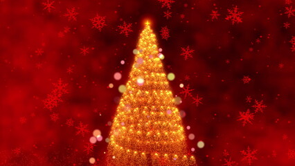 A Magical Holiday Journey: A Looping Animation Transitioning from Sparkling Ornaments to a Dazzling Christmas Tree Surrounded by Snowflakes on a Festive Red Background