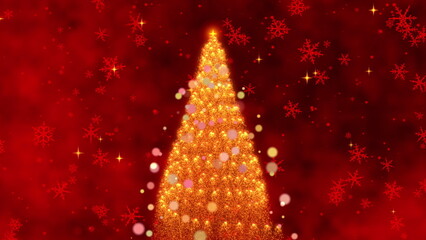 A Magical Christmas Animation Featuring a Sparkling Christmas Tree Surrounded by a Festive Red Background and Shimmering Snowflakes and Stars