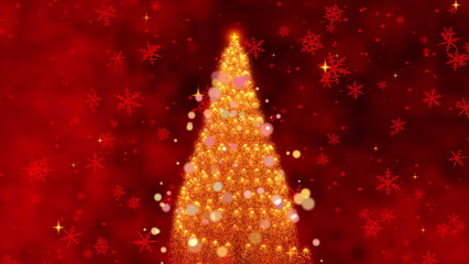 A Magical Christmas Animation Featuring a Sparkling Christmas Tree Surrounded by a Festive Red Background and Shimmering Snowflakes and Stars